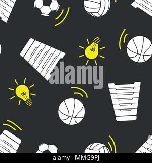 White silhouette sport stuff and yellow light bulbs on gray background. Seamless pattern background design for school and education in vector illustra Stock Vector