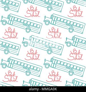 School bus in green outline with red calligraphy, Back to school random on white background. Seamless pattern background design for school and educati Stock Vector