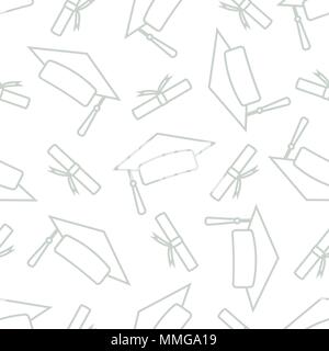 Graduate caps with graduate paper in gray outline random on white background. Seamless pattern background design for school and graduation in vector i Stock Vector