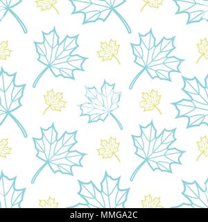 Cute blue and gold outline maple leaves random on white background. Seamless pattern background design for Autumn or Fall in vector illustration. Stock Vector