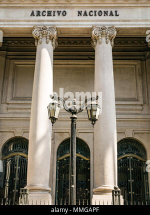 Front of the collonaded National Archive building of the National Library with old fashioned streetlights, Santiago, Chile, South America Stock Photo