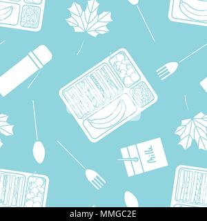 White silhouette lunch box set random on blue background. Seamless pattern background design for meal in vector illustration. Stock Vector