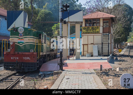 Coonoor, India - March 4, 2018: Diesel engine on the Nilgiri Mountain railway, the only Indian rack and pinion system and a UNESCO World Heritage site Stock Photo