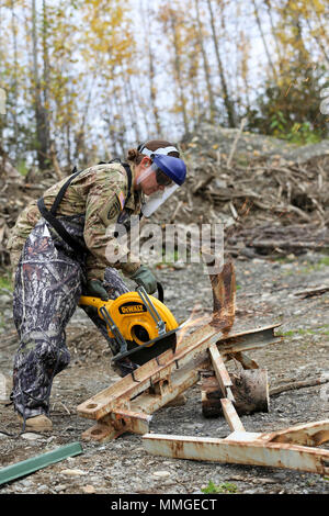 Sgt. Corine Barrera, a horizontal construction sergeant with the 207th Engineer Utilities Detachment, participates in a field demonstration using the new Hydraulic, Electric, Pneumatic, Petroleum Operated Equipment system at the Engineer Training Facility at Camp Carroll on Joint Base Elmendorf-Richardson, Alaska, Sept. 27, 2017. The HEPPOE system contains hydraulic pneumatic tools to saw, bend, cut, and destroy concrete, rebar, trees, and other debris. The new equipment will help the engineers accomplish construction projects both downrange and in garrison, and is an added response capability Stock Photo