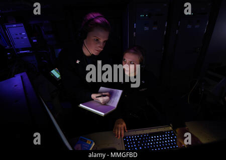 USS Theodore Roosevelt (CVN-71) is a Nimitz-class nuclear-powered aircraft carrier of the United States Navy operating in the U.S. 5th Fleet area of responsibility. The archival image documents sonar system data analysis conducted by surface sonar technicians within a carrier operations workspace. Stock Photo
