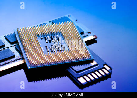technology cyber electronic concept. cpu ram computer on blue light background Stock Photo