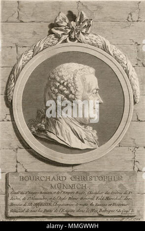 . Deutsch: Porträt des Generalfeldmarschalls Graf von Münnich (1683-1767) nach seiner Rückkehr aus der Verbannung in Sibirien; Graf, Feldmarschall, Minister; Rußland English: Engraved portrait of Burkhard Christoph von Münnich (1683-1757), engraving. Русский: Гравированный портрет Б. Х. фон Миниха (1683-1757). Рыбинский государственный историко-архитектурный и художественный музей-заповедник. Размер: Л.44x31,2.  . 1764. Deutsch: nach einer Profilzeichnung von de Veilly gestochen von E. P. Cemesov (1737-1765) English: Engraving by Yevgraf Petrovich Chemesov (1737-1765). From original of Jean Lo Stock Photo