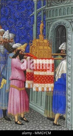 . English: The Ark of God Carried into the Temple Español: El Arca introduciéndose en el Templo  . between 1412 and 1416. Pol, Hermann and Jannequin de Limbourg (1370s–1416); Jean Colombe (c. 1440–93) Folio 29r - The Ark of God Carried into the Temple Stock Photo