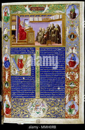 Português: Bíblia dos Jerónimos, frontispício do Vol. VI - o Papa encarrega  São Jerónimo de traduzir a Bíblia . 1496. Attavante degli Attavanti 25  Biblia dos Jeronymos, Vol. VI, Fronstispicio II Stock Photo - Alamy