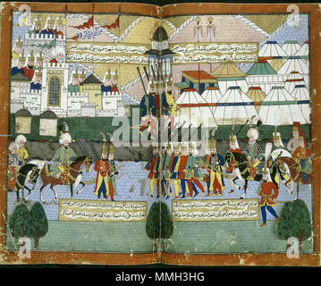 . English: Lala Mustafa Paşa's Ottoman army parading before the walls of Tiflis (Tbilisi) in August 1578 after the city had been evacuated by Da' ud Khan. A double-page miniature painting from a 16th-century Ottoman manuscript Nusretname ('The Book of Victories' by Gelibolulu Mustafa Ali).The British Library, London, Great Britain.  . 1582. unknown painter Ottoman army at Tiflis in 1578 (Nusretname miniature) Stock Photo