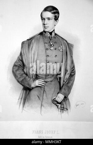 . Deutsch: Franz Joseph I. (1830-1916), Kaiser von Österreich, König von Ungarn etc. Lithographie von Franz Eybl, 1849  . 1849. Franz Eybl (1806-1880) Franz Joseph I. Eybl Litho Stock Photo