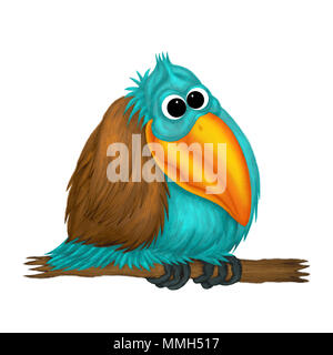 An illustration of a funny google eyed bird with a silly expression, sat on a perch. Stock Photo