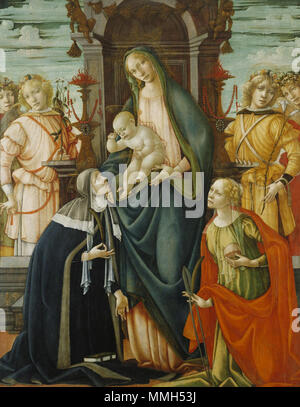 .  English: A sacra conversazione (Holy Conversation) composition of Madonna and Child surrounded by saints and angels.  Enthroned Madonna and Christ Child with Angels, Saints Paula and Agatha. circa 1500. Enthroned Madonna by Michele Ciampanti - BMA Stock Photo