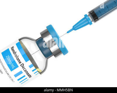 3d render of nandrolone decanoate vial with syringe over white background. Anabolic steroids concept. Stock Photo