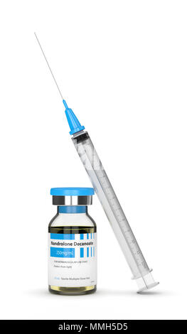 3d render of nandrolone decanoate vial with syringe over white background. Anabolic steroids concept. Stock Photo