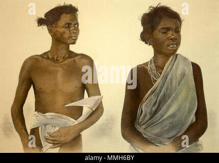 . English: From Dalton's 'Descriptive Ethnology of Bengal,' 1872; engravings with modern hand coloring: 'Bendkar: Male and Female'* 'Bhotia: Man and Woman'* 'Bhuiya: Male and Female'* 'Fakial and Miri'* 'Garos'* 'Ho: Girl and Woman'* 'Juang'* 'Kachari'* 'Kuki'* 'Lepcha: Man and Woman'* (shown above) 'Limbo'* 'Miri: Man and Woman'* 'Mug and Ho'* 'Mundas'* 'Munipuri: Married Woman and Young Girl'* 'Namsang Naga Muttuck'* 'Oraons'*   . 1872. Dalton 79 Bendkar Stock Photo