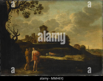 . Arcadian Landscape with two shepherds on the foreground, followed by a herd of cows. On the background a ruined building.  Arcadian Landscape with Shepherds and Cows. Between 1625 and 1676. Dalens I-Arcadisch landschap met herders en vee Stock Photo