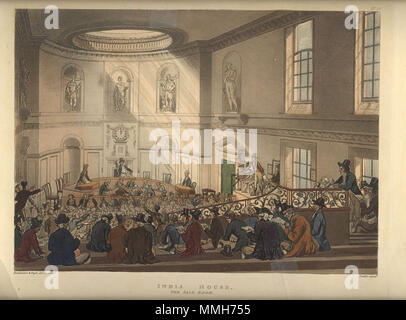 . English: India House, London: The Sale Room, 1808 (with an auction going on), an etching with watercolor by Thomas Rowlandson* (FAMSF); *a very large scan of this etching*   . 1808. Thomas Rowlandson India House, London The Sale Room, 1808 with an auction going on) Stock Photo