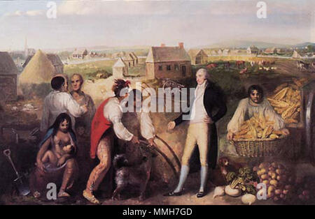 . English: Portrait of Benjamin Hawkins (1754-1818) on his plantation along the Flint River in central Georgia. Hawkins is seen teaching Creek Indians how to use a plow. Behind Hawkins, a Creek Indian carries a basket of corn from the back of a wagon. On the other side, a Creek mother nurses her child. The background is dotted with farm animals and small buildings along the Flint River.   . 1805. Unknown Benjamin Hawkins and the Creek Indians Stock Photo