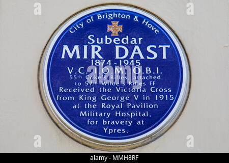 BRIGHTON, UK - MAY 4TH 2018: A blue plaque located at the Royal Pavilion in Brighton, commemorating where Subedar Mir Dast received the Victoria Cross Stock Photo