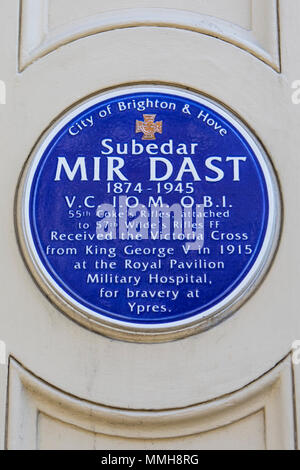 BRIGHTON, UK - MAY 4TH 2018: A blue plaque located at the Royal Pavilion in Brighton, commemorating where Subedar Mir Dast received the Victoria Cross Stock Photo