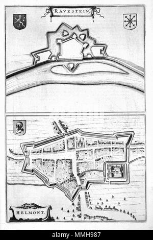 .  Nederlands: Op dit kaartblad zien we een plattegrond van het fort Ravestein en de stad Helmond. In tegenstelling tot de plattegrond van Helmond waarop de kartograaf ook aandacht heeft voor het stratenpatroon, ontbreekt die topografie nadrukkelijk bij de afbeelding van Ravestein. Hier zien we alleen de omtrekken van de verdedigingswerken. Deze kaart werd in 1649 opgenomen in het stedenboek van Joan Blaeu (1596-1673). English: This map shows the city plans of the fortress Ravestein and the city of Helmond. Although the street pattern has been represented in the city plan of Helmond, this aspe Stock Photo