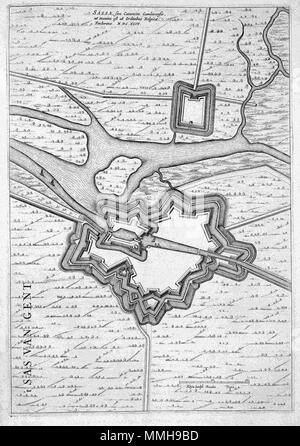 .  Nederlands: Deze plattegrond van Sas van Gent werd in 1649 gepubliceerd in het stedenboek van Joan Blaeu (1596-1673). In deze atlas bracht Blaeu meer dan 200 plattegronden samen van Nederlandse steden en verschillende forten. Deze kaart komt voor in het tweede deel van het stedenboek dat hoofdzakelijk gewijd is aan de Zuidelijke Nederlanden. English: This map of Sas van Gent was published in Joan Blaeus (1596-1673) Town Books of the Netherlands in 1649. In this atlas, Blaeu published more than 200 city plans of Dutch towns and fortifications. This map was included in the second volume of th Stock Photo