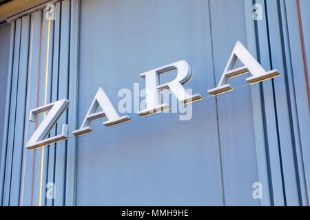BRIGHTON, UK - MAY 4TH 2018: The Zara company logo above the entrance to one of their stores in Brighton city centre, on 4th May 2018. Stock Photo