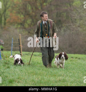 game keeper and his 2 spaniels on the shoot Stock Photo