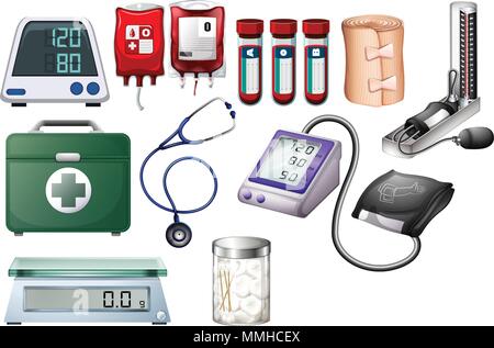Medical and Nursing Equipments on White Background illustration Stock Vector