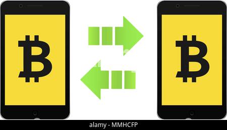 Bitcoin icon on cell phone. Mobile device and cryptocurrency symbol. E-commerce and payment concept. Vector Illustration Stock Vector