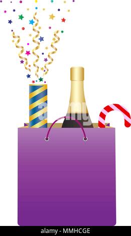 Shopping bag with bottle of champagne and christmas candy cane. Exploding party popper with confetti and streamer. Christmas and new year gifts. Isola Stock Vector