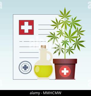Marijuana plant and cannabis oil. Hemp oil in a glass jar mock up. CBD oil hemp products. Medical marijuana in Healthcare a prescription for medical m Stock Vector
