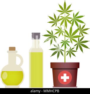 Marijuana plant and cannabis oil. Medical marijuana. Hemp oil in a glass jar. CBD oil hemp products. Oil glass bottle mock up. Vector illustration wit Stock Vector