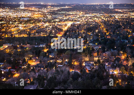 Beautiful Boulder Colorado seen at night from above with many lights across the city Stock Photo