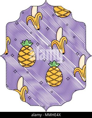 arabic frame with pineapples and bananas pattern over white background, vector illustration Stock Vector