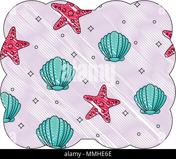 decorative frame with seashell and sea stars pattern over white background, vector illustration Stock Vector