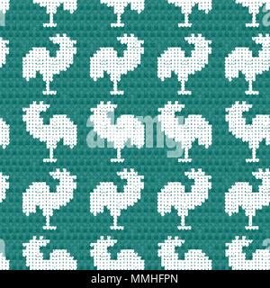 Knitting blue with roosters Stock Vector