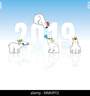 Four Cute Partying Polar Bears and New Year 2019 with Reflections on an Ice Blue Cold Background Stock Photo