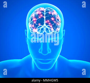 Brain degenerative diseases, Parkinson, synapses, neurons, Alzheimer's. Face of a man and brain x-ray. 3d rendering Stock Photo