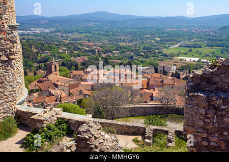 View from the castle ruin on village Grimaud and the Gulf of Saint-Tropez, Cote d'Azur, South France, France, Europe Stock Photo