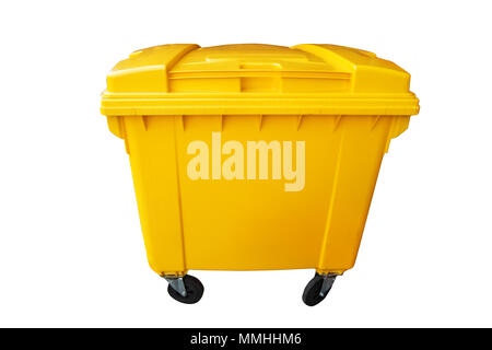 Public yellow trash can, recycle or rubbish bin isolated on white, clipping path Stock Photo