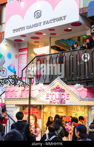 Tokyo, Harajuku, Takeshita street. Entrance to Etude House, interiors store and above, Totti Candy Factory entrance. Stock Photo