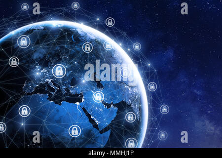 Cybersecurity and global communication, secure data network technology, cyberattack protection for worldwide connections, finance, IoT and cryptocurre Stock Photo