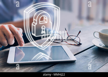 Cyber security on internet concept with 3d padlock and shield, protect personal data and privacy from cyberattack and hacker, secure access on digital Stock Photo