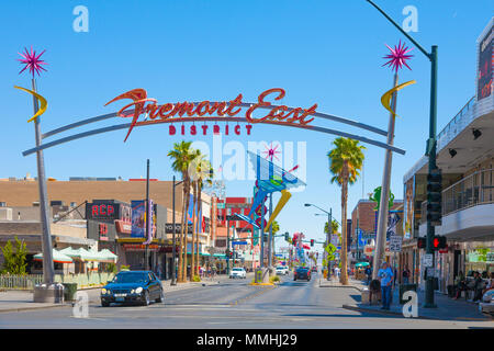 Neon Fremont East District sign on arch over Fremont Street in downtown Las Vegas, Nevada Stock Photo