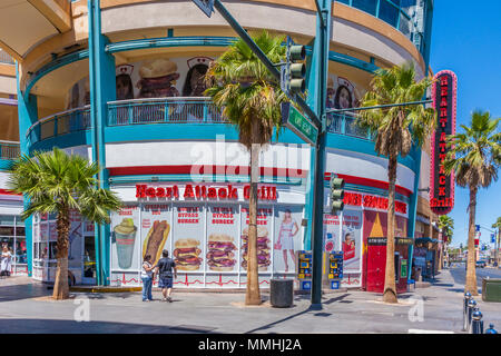 Signs show the menu in the windows of the Heart Attack Grill on Fremont Street in Las Vegas, Nevada Stock Photo