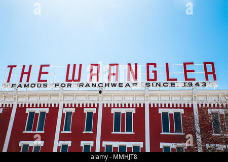 CHEYENNE, WYOMING - APRIL 27, 2018: View of The Wrangler in historic downtown Cheyenne Wyoming. The Wrangler ranchwear store has been in business sinc Stock Photo