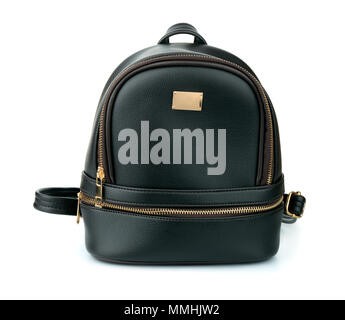 Front view of black leather backpack isolated on white Stock Photo