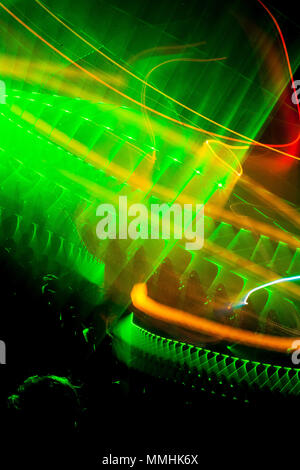 Lasershow in a club, disco with music, quite abstract, green laser Stock Photo